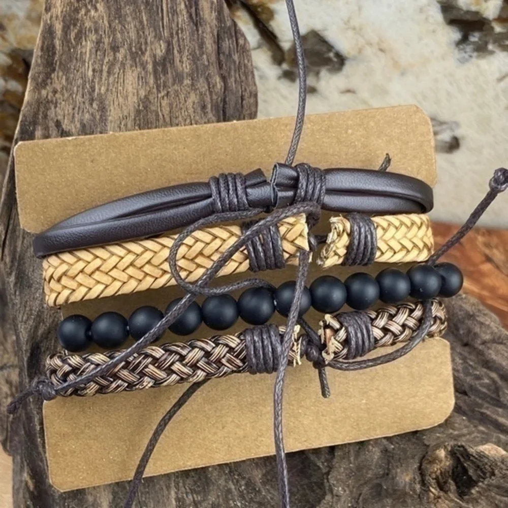 Mens Bracelets Bundle Adjustable Leather and Hemp Matte Onyx Stone Beads
